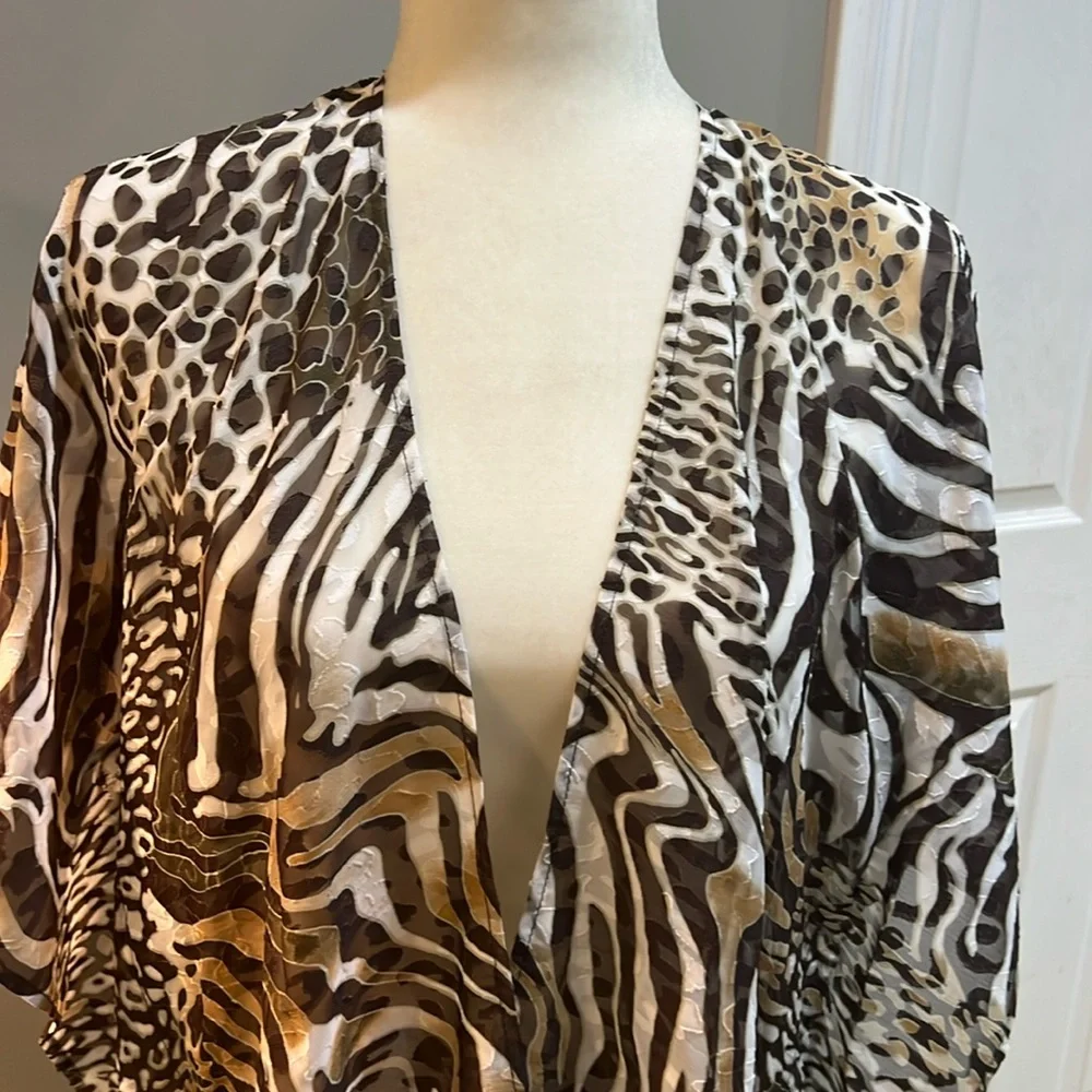 NWT CHICO’S Ruana Animal Print Burnout Sheer Fringe Cardigan - Picture 2 of 14